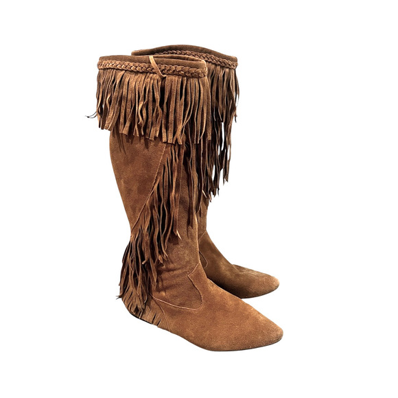 Sam Edelman Utah Brown Suede Fringe Moccasin Boots Mid-Calf Pull On Women’s 8 - Picture 2 of 11